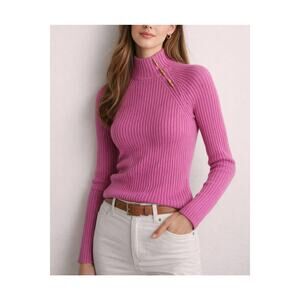 Ralph Lauren Sweater Y2K Womens Medium Pink Ribbed Mock Neck Gold Buttons LRL